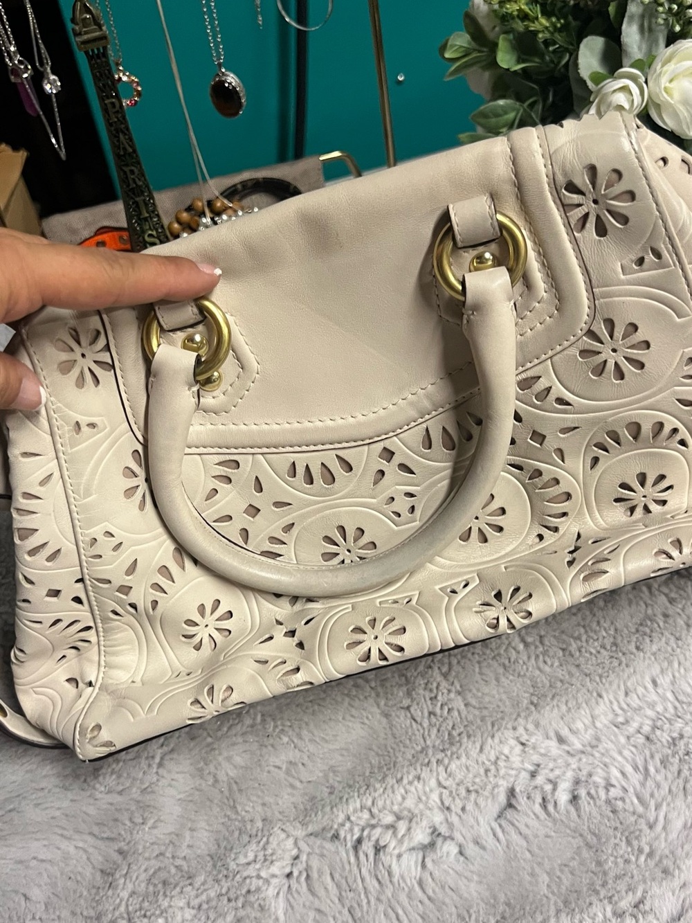 Coach Cream Perforated Leather Satchel with Gold Hardware - Picture 2 of 3